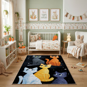 Night Sky Cat Family Area Rug, Blue Orange Feline Carpet, Cozy Room Decor – angled room view