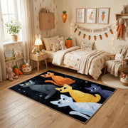 Night Sky Cat Family Area Rug, Blue Orange Feline Carpet, Cozy Room Decor – pattern detail
