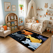 Night Sky Cat Family Area Rug, Blue Orange Feline Carpet, Cozy Room Decor – texture view