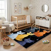 Night Sky Cat Family Area Rug, Blue Orange Feline Carpet, Cozy Room Decor – playroom styling