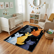 Night Sky Cat Family Area Rug, Blue Orange Feline Carpet, Cozy Room Decor – living room view
