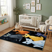 Night Sky Cat Family Area Rug, Blue Orange Feline Carpet, Cozy Room Decor – design close-up