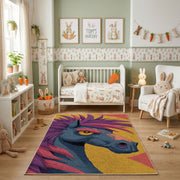 Colorful Tropical Bird Area Rug, Abstract Parrot Carpet, Modern Room Decor – angled room view