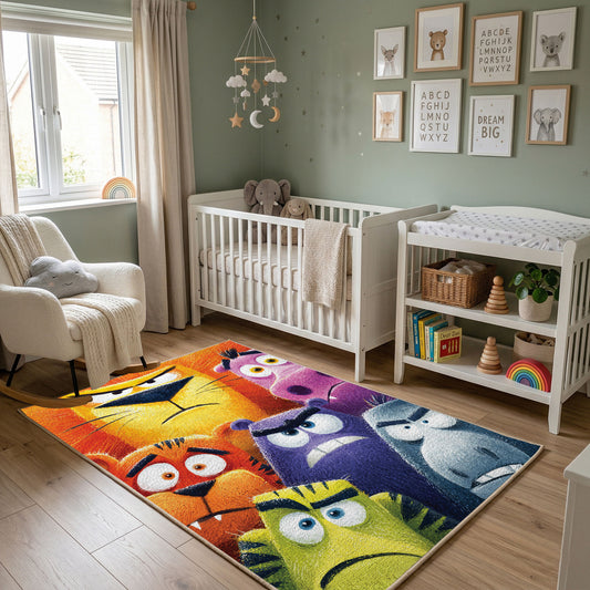 Colorful Mood Creatures Area Rug, Playful Cartoon Carpet, Kids Room Decor – featured room view