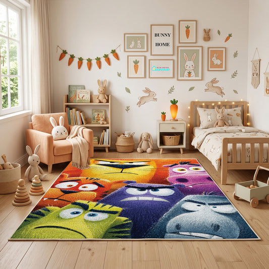 Colorful Mood Creatures Area Rug, Playful Cartoon Carpet, Kids Room Decor – full rug view