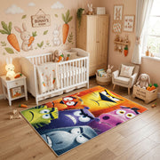 Colorful Mood Creatures Area Rug, Playful Cartoon Carpet, Kids Room Decor – angled room view