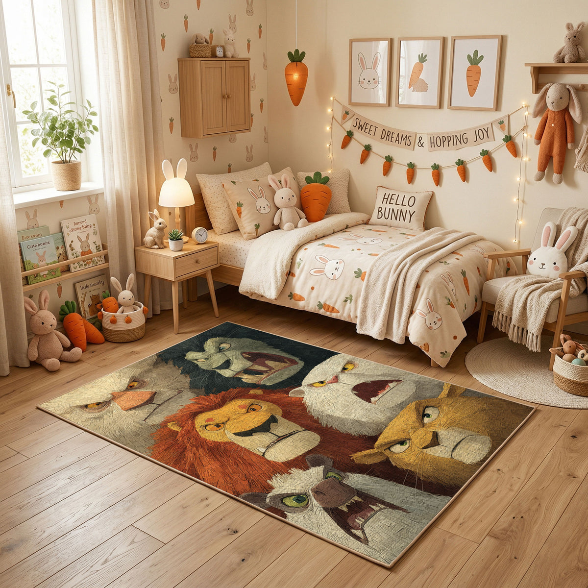 Woodland Bear Family Area Rug, Vintage Forest Animal Carpet, Cozy Decor – featured room view