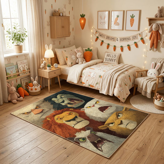 Woodland Bear Family Area Rug, Vintage Forest Animal Carpet, Cozy Decor – featured room view