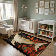 Elegant Crane Area Rug, Red Botanical Bird Carpet, Vintage Room Decor – alternate room view