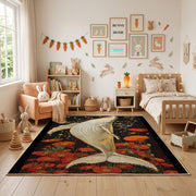 Elegant Crane Area Rug, Red Botanical Bird Carpet, Vintage Room Decor – full rug view