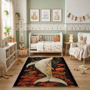 Elegant Crane Area Rug, Red Botanical Bird Carpet, Vintage Room Decor – pattern detail