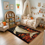 Elegant Crane Area Rug, Red Botanical Bird Carpet, Vintage Room Decor – texture view