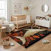 Elegant Crane Area Rug, Red Botanical Bird Carpet, Vintage Room Decor – playroom styling