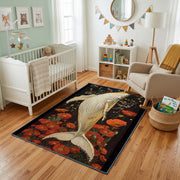 Elegant Crane Area Rug, Red Botanical Bird Carpet, Vintage Room Decor – living room view