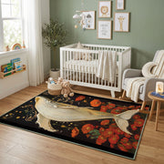 Elegant Crane Area Rug, Red Botanical Bird Carpet, Vintage Room Decor – design close-up