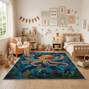 Blue Dragon Area Rug, Ornate Fantasy Creature Carpet, Artistic Room Decor – full rug view