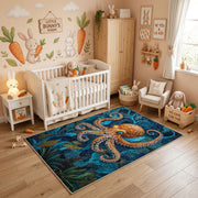 Blue Dragon Area Rug, Ornate Fantasy Creature Carpet, Artistic Room Decor – angled room view