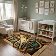 Vintage Owl Portrait Area Rug, Sepia Woodland Bird Carpet, Rustic Decor – alternate room view