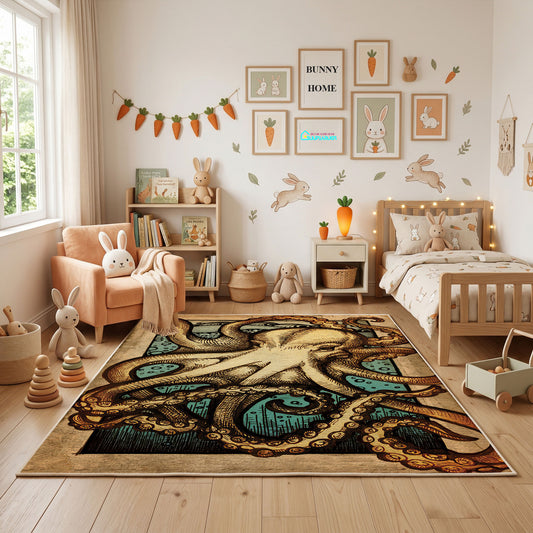 Vintage Owl Portrait Area Rug, Sepia Woodland Bird Carpet, Rustic Decor – full rug view