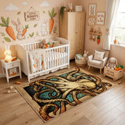Vintage Owl Portrait Area Rug, Sepia Woodland Bird Carpet, Rustic Decor – angled room view