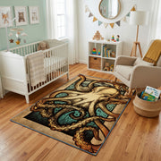 Vintage Owl Portrait Area Rug, Sepia Woodland Bird Carpet, Rustic Decor – living room view