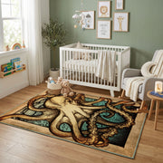 Vintage Owl Portrait Area Rug, Sepia Woodland Bird Carpet, Rustic Decor – design close-up