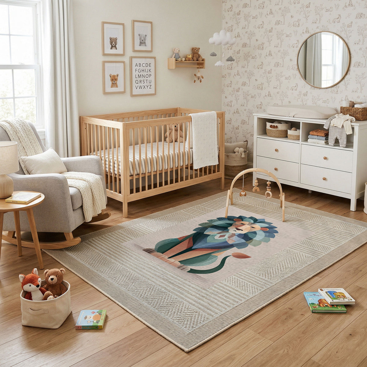 Floral Cat Pair Area Rug, Botanical Feline Carpet, Cozy Room Decor – featured room view