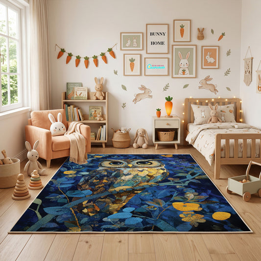 Whimsical Owl Garden Area Rug, Colorful Woodland Bird Carpet, Kids Decor – full rug view