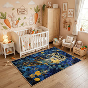 Whimsical Owl Garden Area Rug, Colorful Woodland Bird Carpet, Kids Decor – angled room view