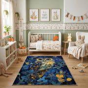 Whimsical Owl Garden Area Rug, Colorful Woodland Bird Carpet, Kids Decor – pattern detail