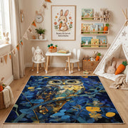 Whimsical Owl Garden Area Rug, Colorful Woodland Bird Carpet, Kids Decor – playroom styling