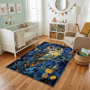 Whimsical Owl Garden Area Rug, Colorful Woodland Bird Carpet, Kids Decor – design close-up