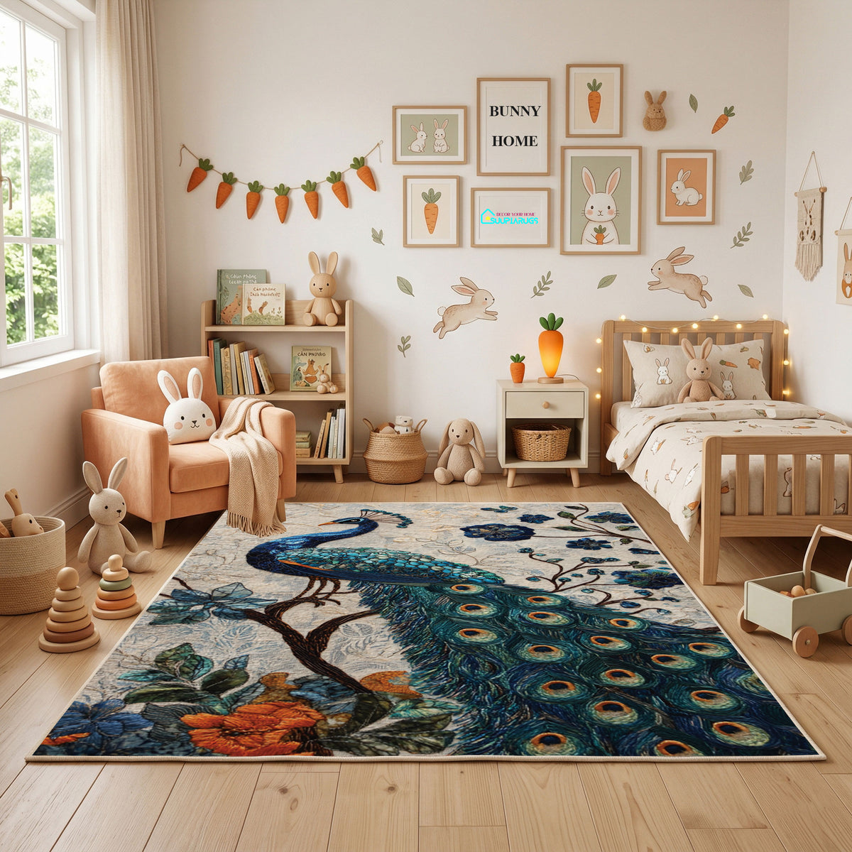 Boho Woodland Animal Area Rug, Neutral Forest Carpet, Nursery Decor – featured room view