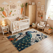 Boho Woodland Animal Area Rug, Neutral Forest Carpet, Nursery Decor – full rug view