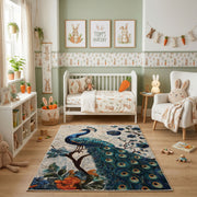 Boho Woodland Animal Area Rug, Neutral Forest Carpet, Nursery Decor – angled room view