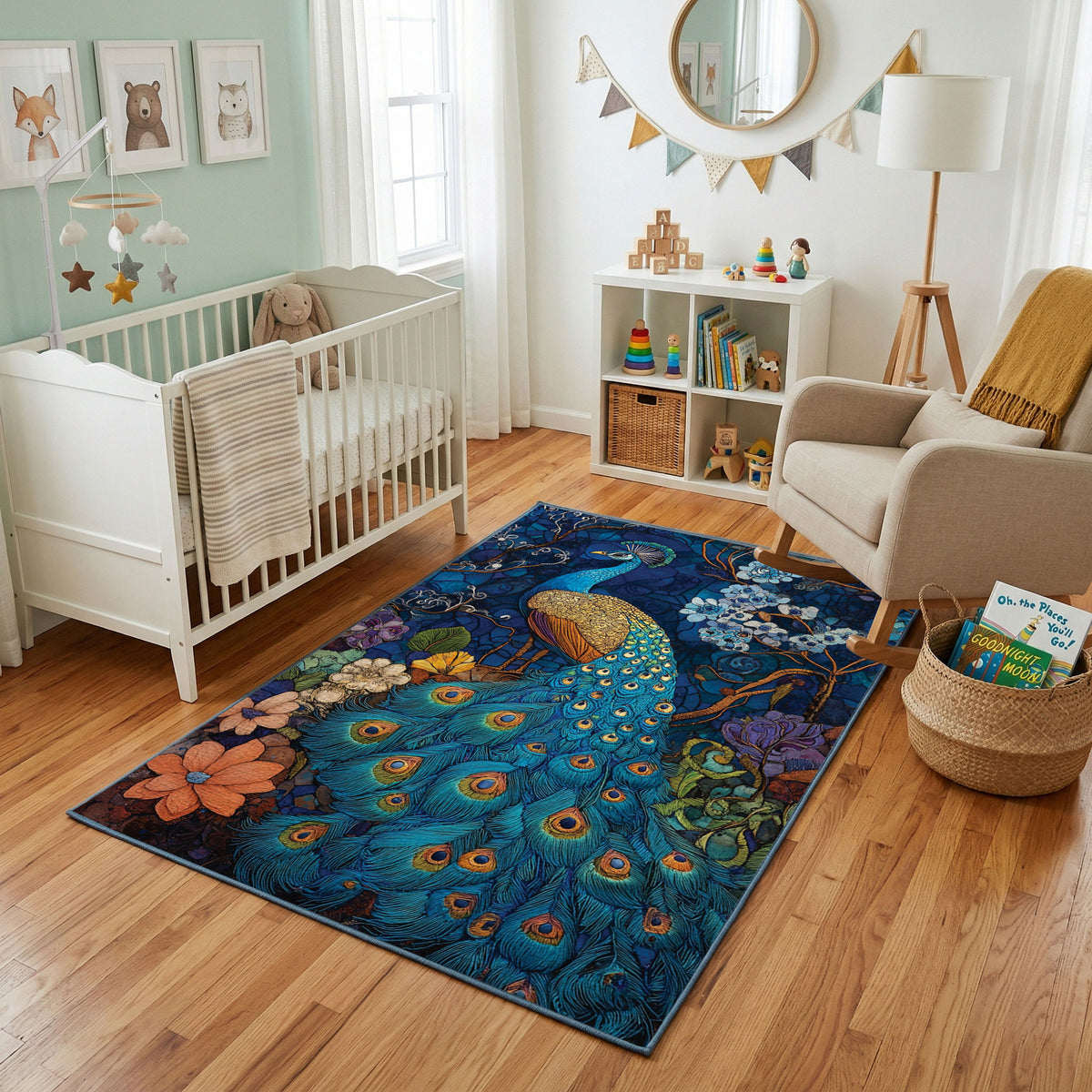 Majestic Peacock Area Rug, Blue Botanical Bird Carpet, Elegant Decor – featured room view