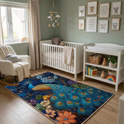 Majestic Peacock Area Rug, Blue Botanical Bird Carpet, Elegant Decor – alternate room view