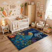 Majestic Peacock Area Rug, Blue Botanical Bird Carpet, Elegant Decor – angled room view