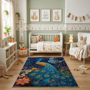 Majestic Peacock Area Rug, Blue Botanical Bird Carpet, Elegant Decor – pattern detail