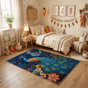 Majestic Peacock Area Rug, Blue Botanical Bird Carpet, Elegant Decor – texture view