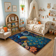 Majestic Peacock Area Rug, Blue Botanical Bird Carpet, Elegant Decor – bedroom styling