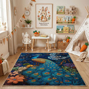 Majestic Peacock Area Rug, Blue Botanical Bird Carpet, Elegant Decor – playroom styling