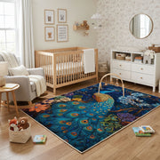 Majestic Peacock Area Rug, Blue Botanical Bird Carpet, Elegant Decor – living room view
