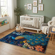 Majestic Peacock Area Rug, Blue Botanical Bird Carpet, Elegant Decor – design close-up