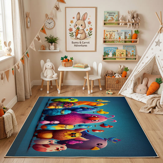 Colorful Creature Friends Area Rug, Playful Kids Carpet, Bright Room Decor – featured room view