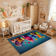 Colorful Creature Friends Area Rug, Playful Kids Carpet, Bright Room Decor – angled room view