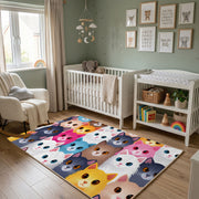 Pastel Cat Faces Area Rug, Cute Feline Pattern Carpet, Kids Room Decor – alternate room view