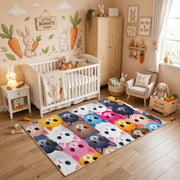 Pastel Cat Faces Area Rug, Cute Feline Pattern Carpet, Kids Room Decor – angled room view