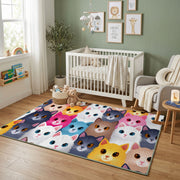 Pastel Cat Faces Area Rug, Cute Feline Pattern Carpet, Kids Room Decor – design close-up