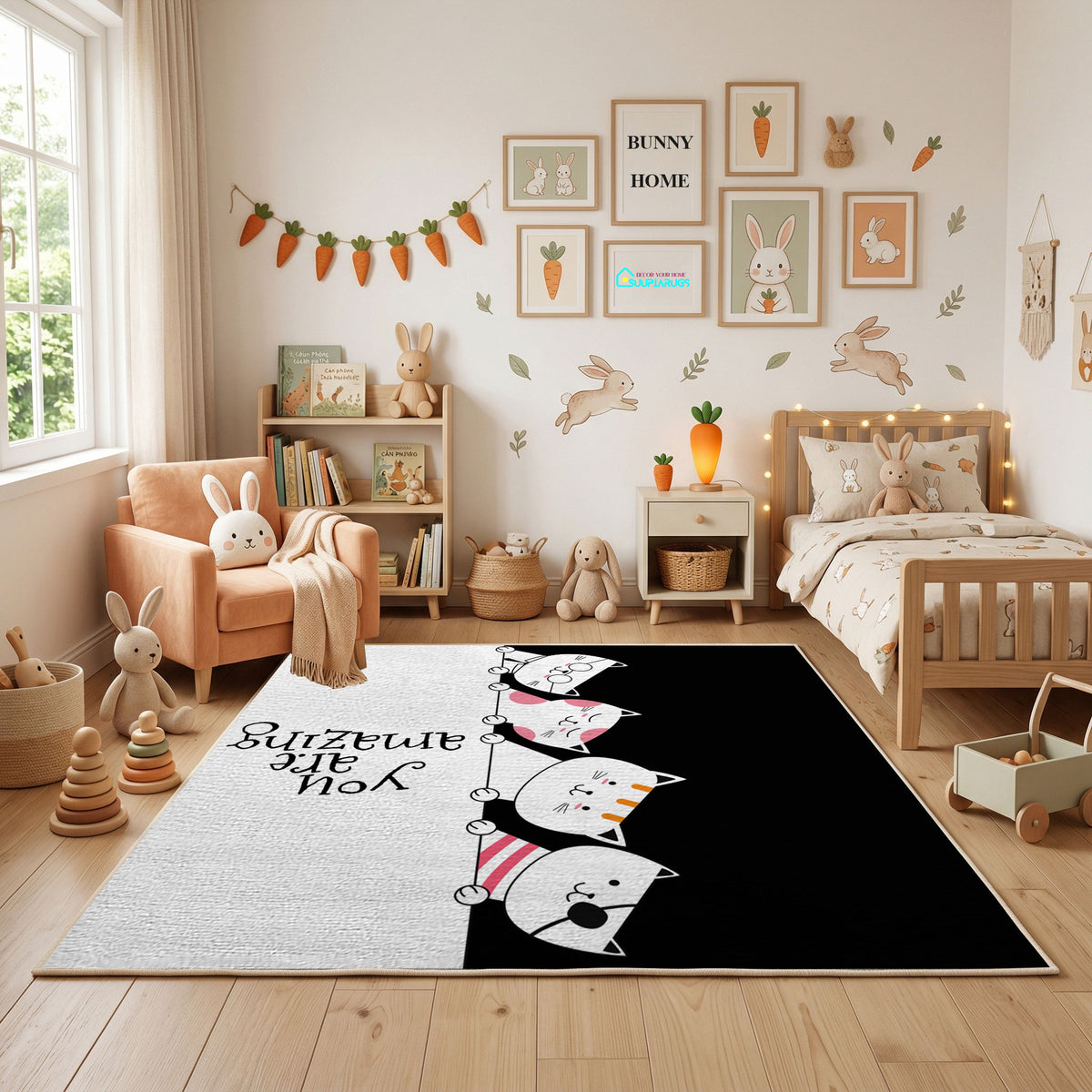 Relaxed Cat Trio Area Rug, Minimal Black White Feline Carpet, Funny Decor – featured room view